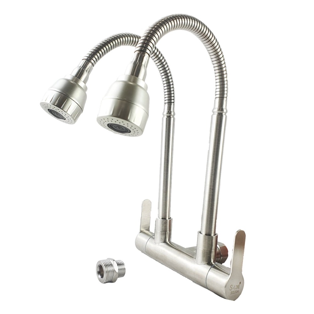 Product photo: SLINE SUS 304 Stainless Steel Double/ Two-Head Flexible Wall Sink Tap/ Faucet - 00917IF